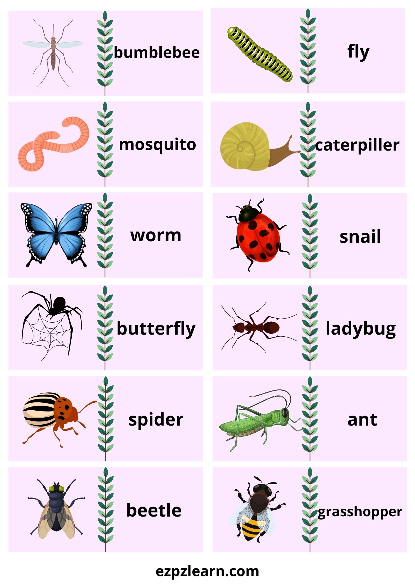 Insects Dominoes Game With Words - Ezpzlearn.com